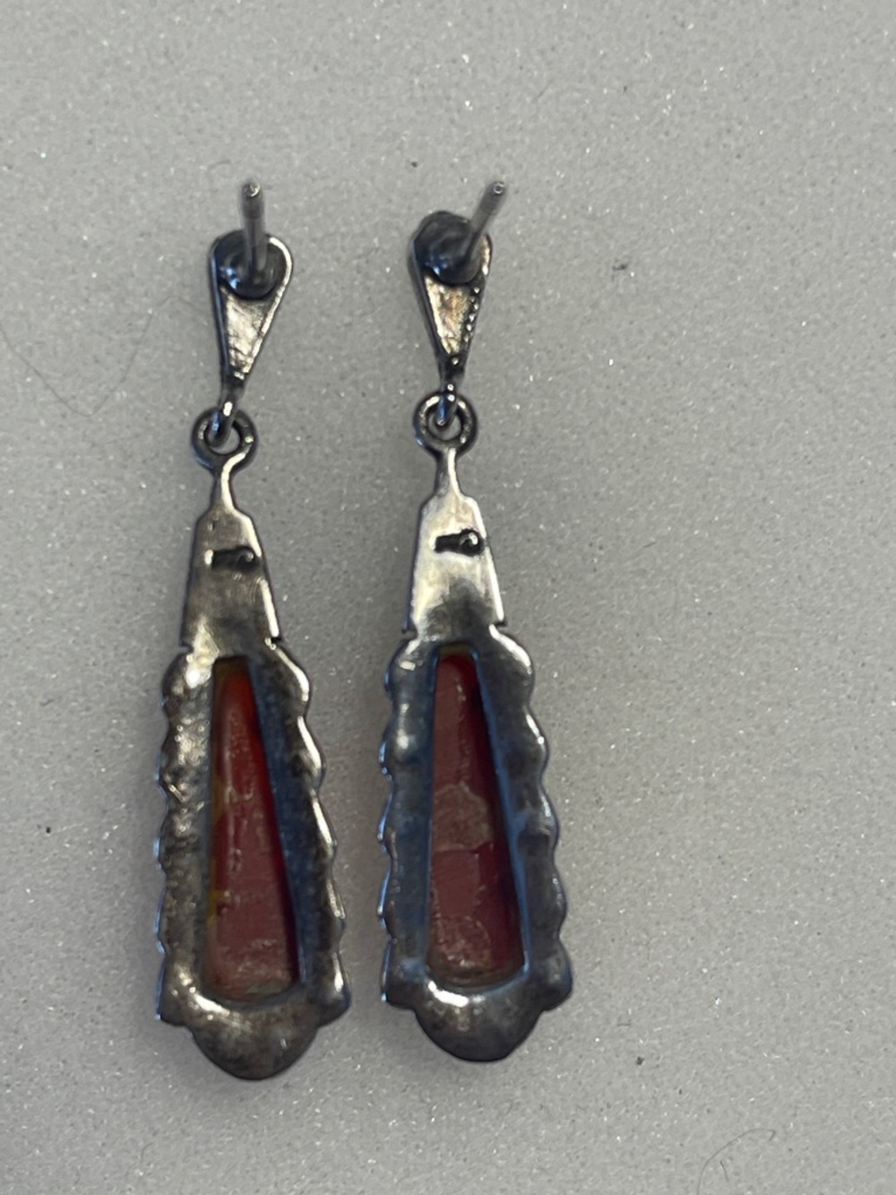 Carnelian Agate and Marcasite 1.5” dangle earrings stamped CW (Charles Winston?) - Picture 6 of 10